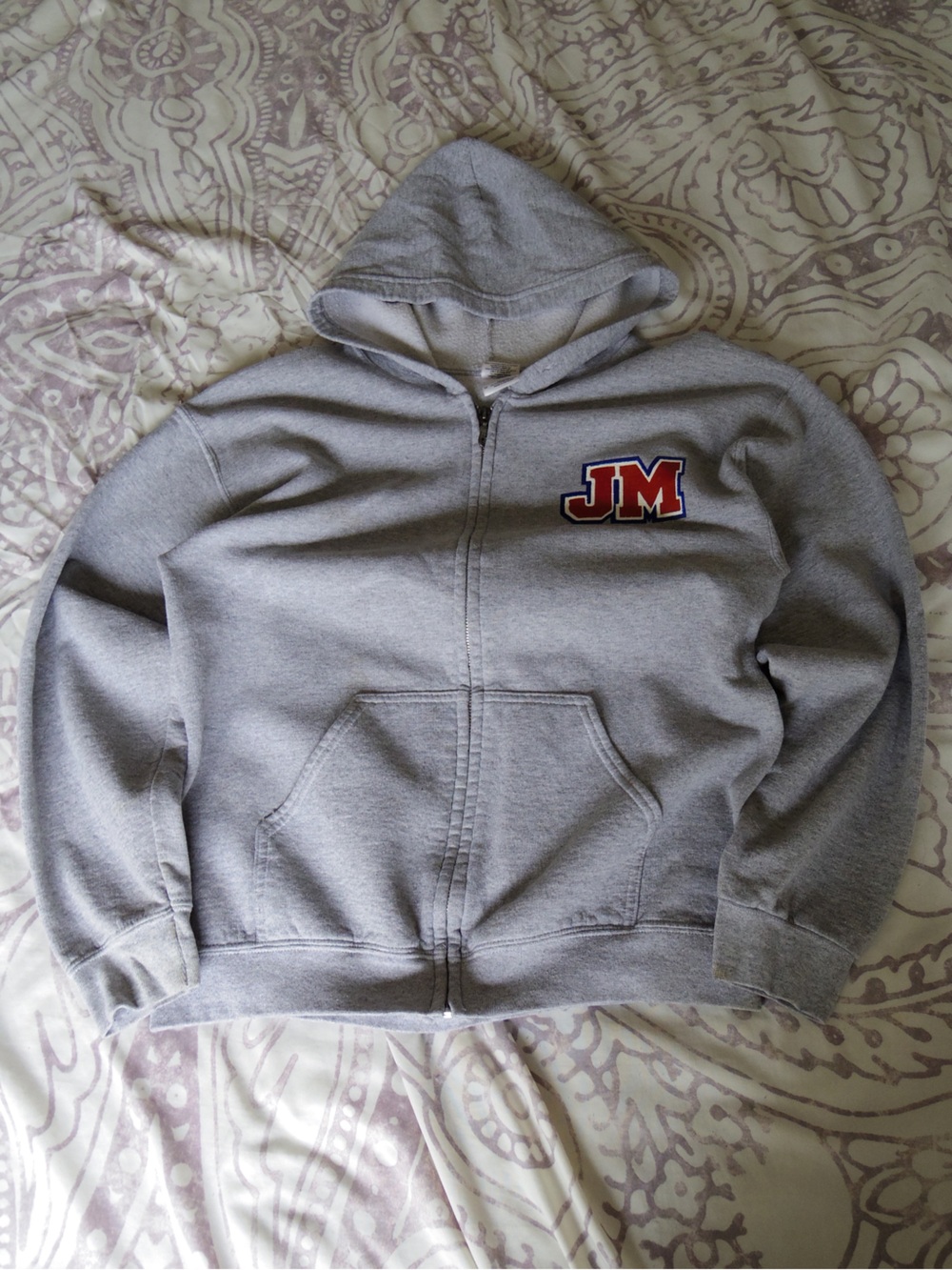 Gildan Light Gray Zip Hoodie with Red and Blue JM Patch